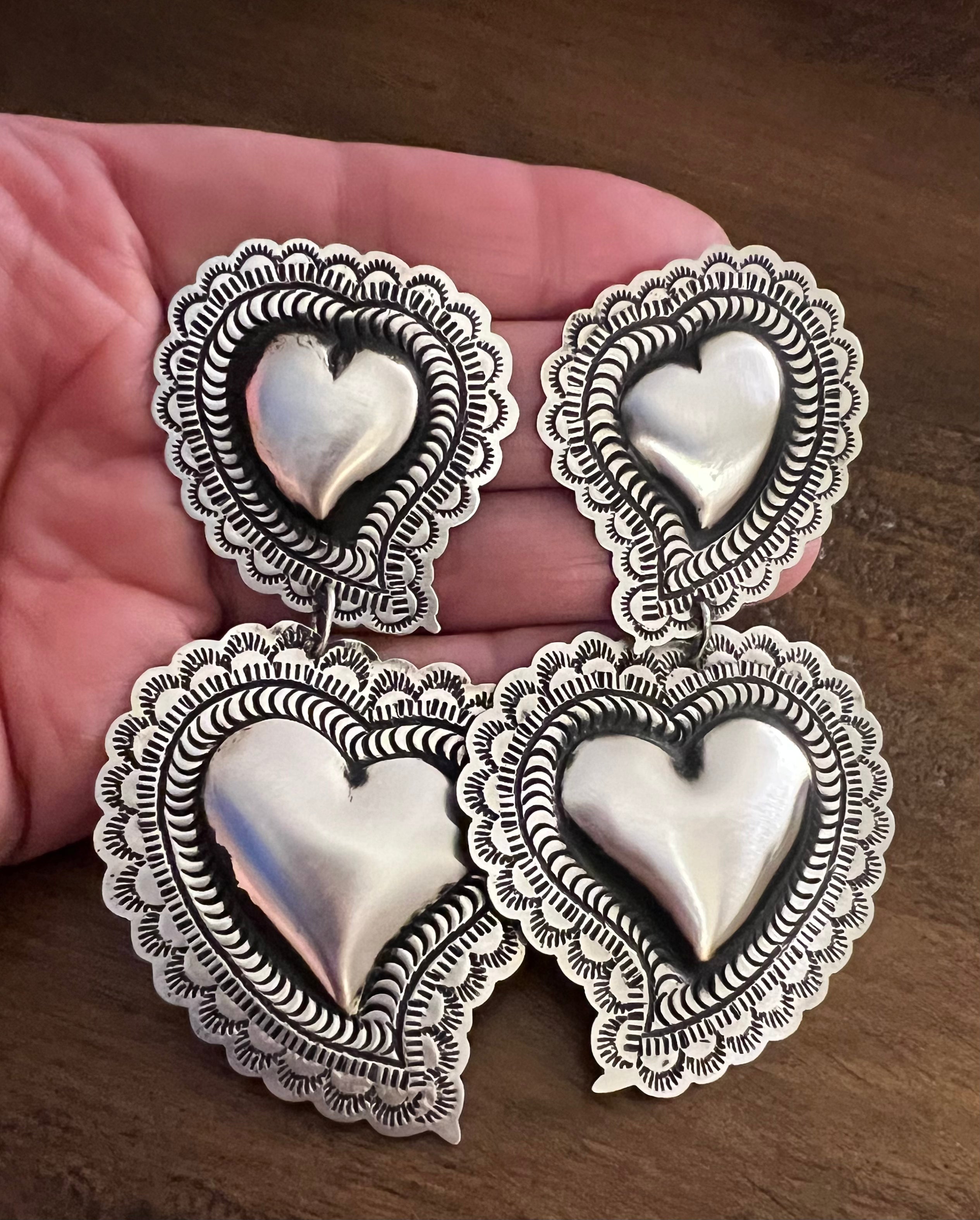 Double Heart Concho Earrings-L