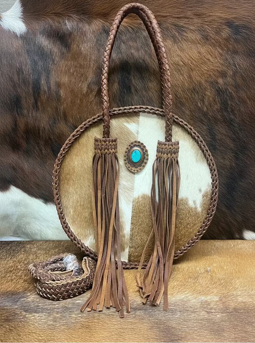 Round Cowhide and Leather Bag
