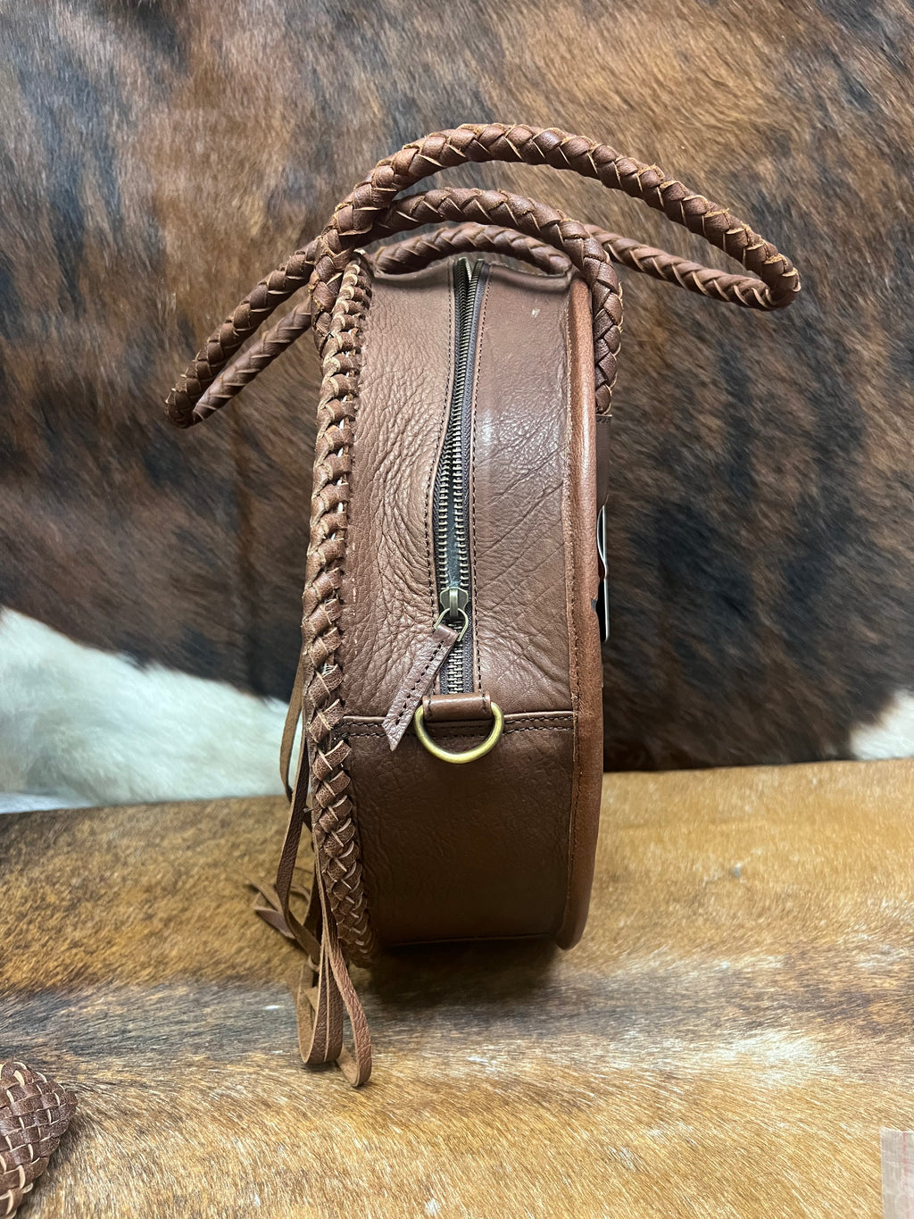Round Cowhide and Leather Bag