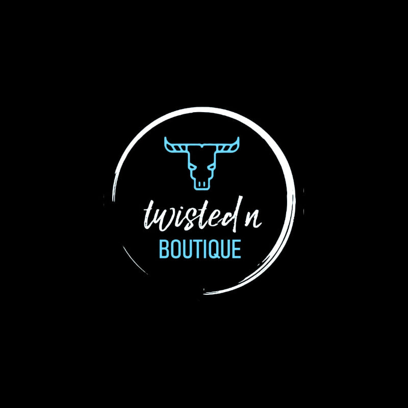 Logo of twisted n Boutique with a stylized bull skull design on a black background.